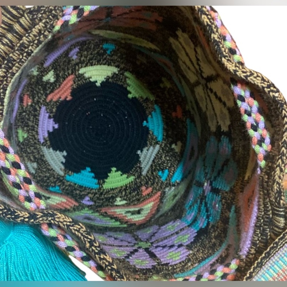 Wayuu Columbian Aztec Woven Bright Colorful Pom Pom Tassel Bucket Tote Bag - Picture 5 of 9